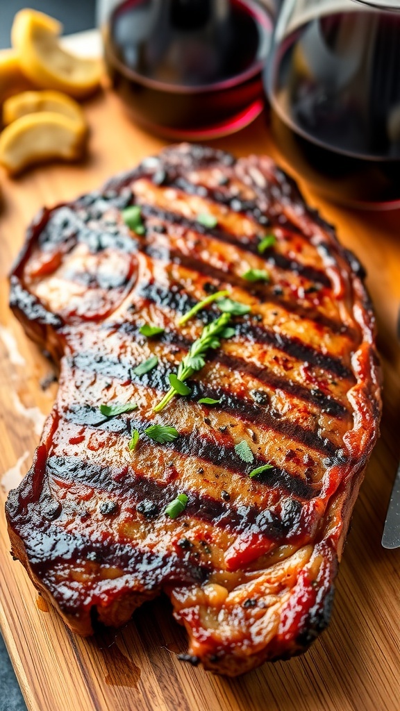 Juicy Air Fryer Steak Recipe Juicy ribeye steak cooked in an air fryer, garnished with herbs, served with roasted vegetables.